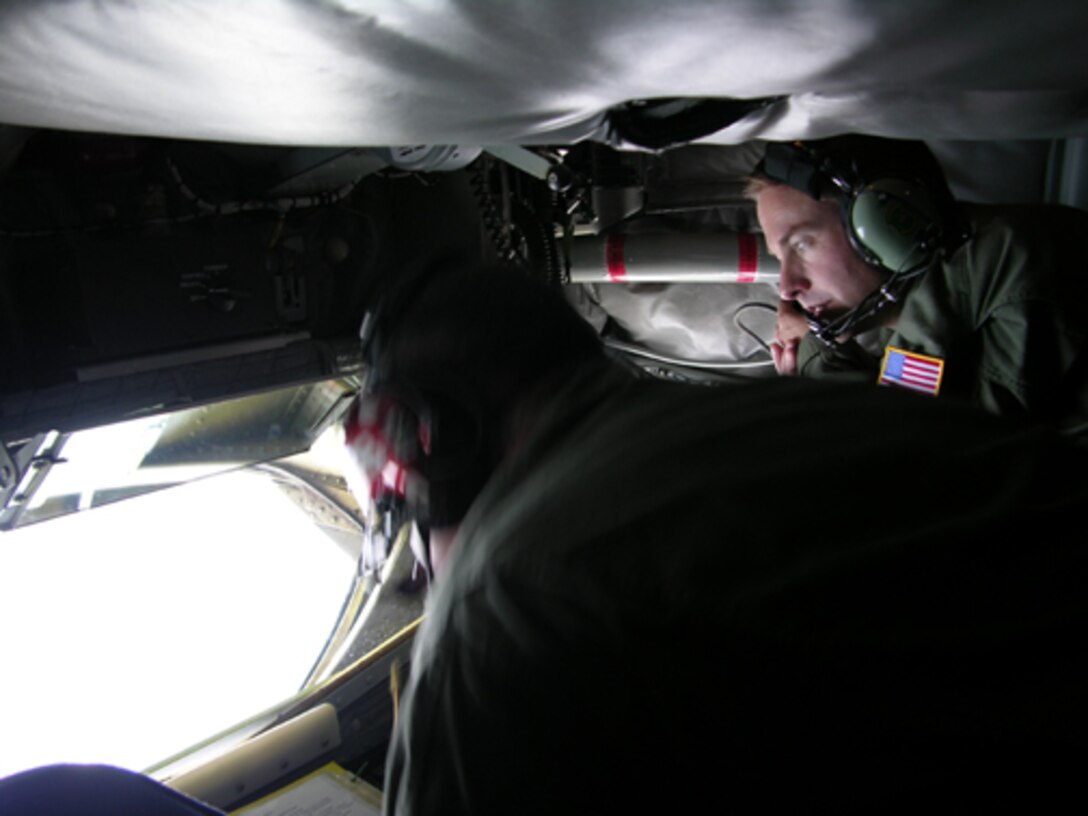 The crew of a KC-135R Stratotanker from Seymour Johnson AFB looks out the boom pod for a receiver. The 916th Air Refueling Wing is North Carolina's only Air Force Reserve unit and conducts the aerial refueling mission on a global scale.