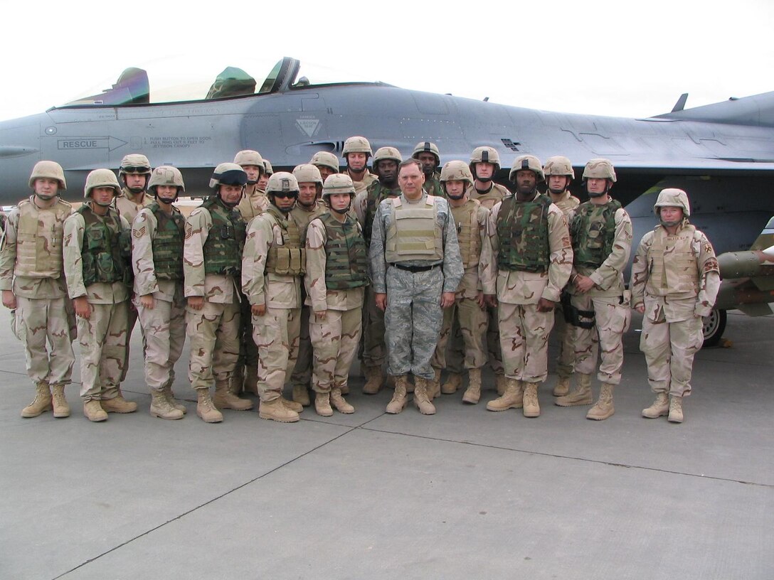 Security Forces members from various units across the United States meet with Gen. John Jumper while stationed overseas. Members of the 916th Air Refueling Wing, Air Force Reserve Command, were part of the group that met with the general.