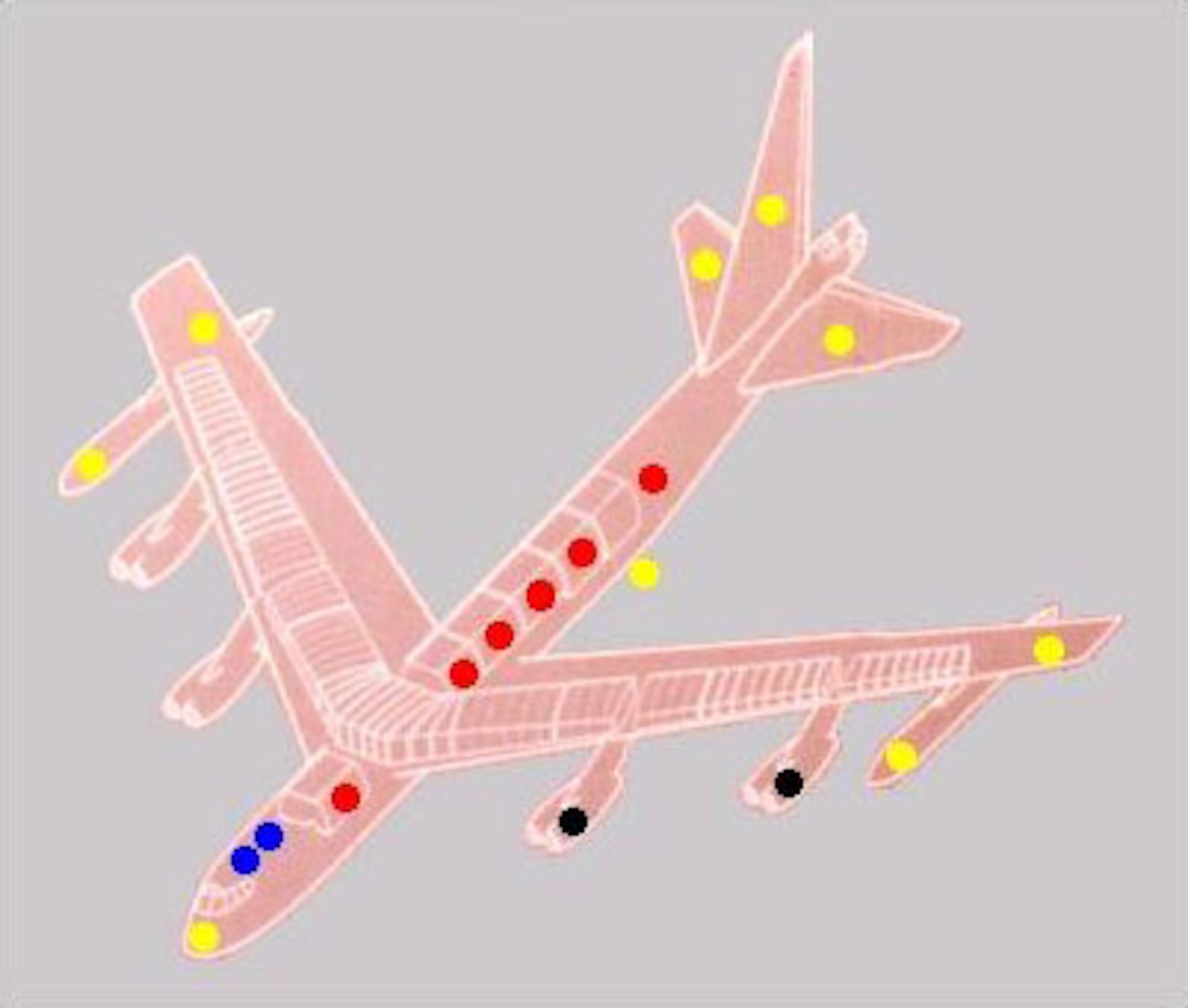 Damage to the B-52 is indicated by colored dots on this graphic. (U.S. Air Force photo)