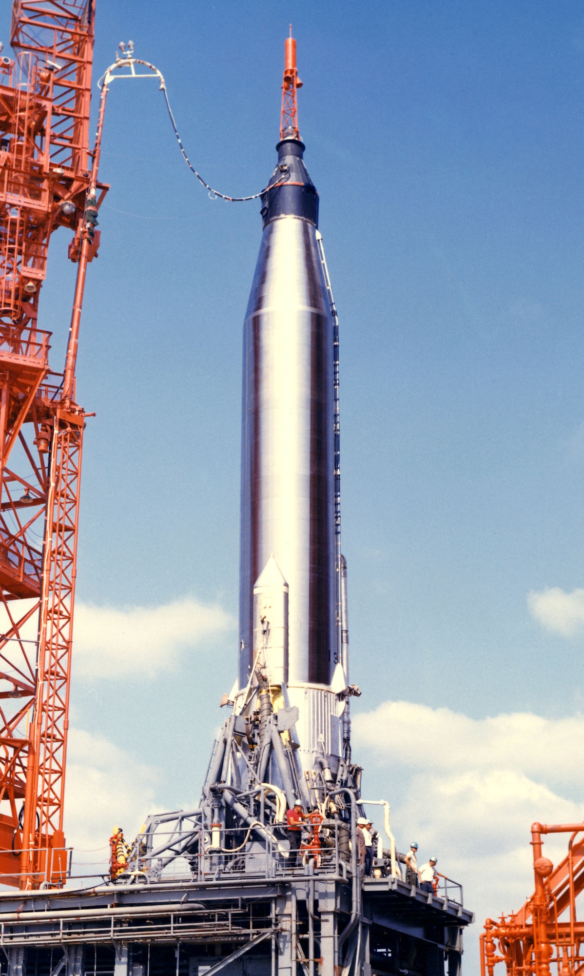 The Air Force's Atlas booster, a modified intercontinental ballistic missile, was used in all four orbital Mercury flights. This May 1963 photo shows Mercury Atlas 9 awaiting launch. (U.S. Air Force photo)