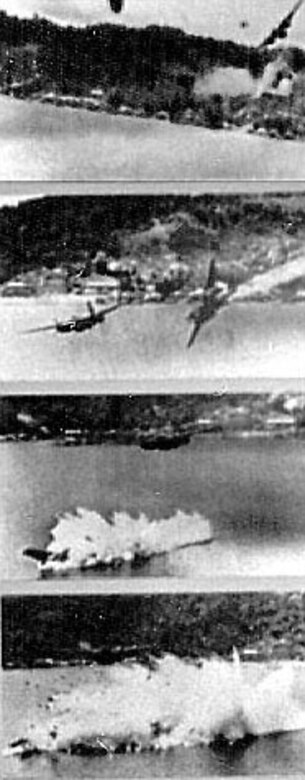 A Douglas A-20 is struck by antiaircraft fire and crashes during a low-altitude bombing and strafing mission against enemy supply and barge construstion center in Dutch New Guinea. 5th AF A-20 and B-25 "Commerce Destroyers" with extra .50-cal. nose guns proved effective against enemy shipping and ground targets. (U.S. Air Force photo)