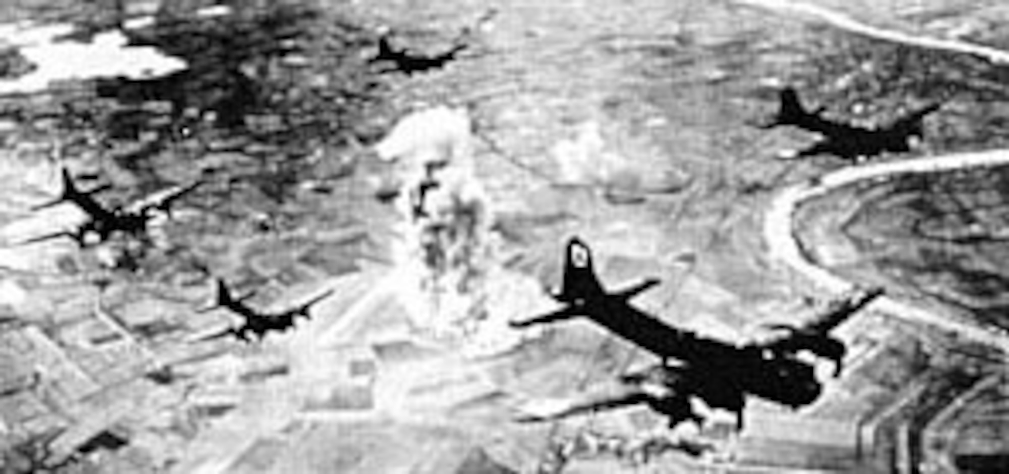 B-17s after bombing the Marienburg aircraft plant on Oct. 9, 1943, much to the enemy's surprise. (U.S. Air Force photo)