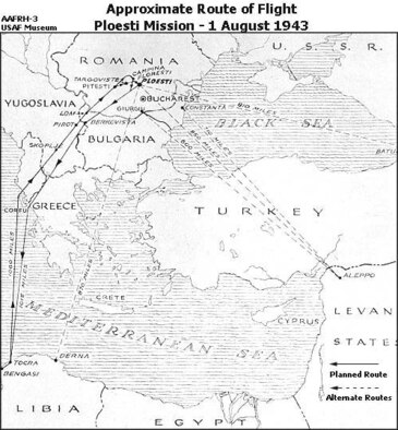 Approximate Route of Flight, Ploesti Mission - 1 August 1943. (U.S. Air Force photo)