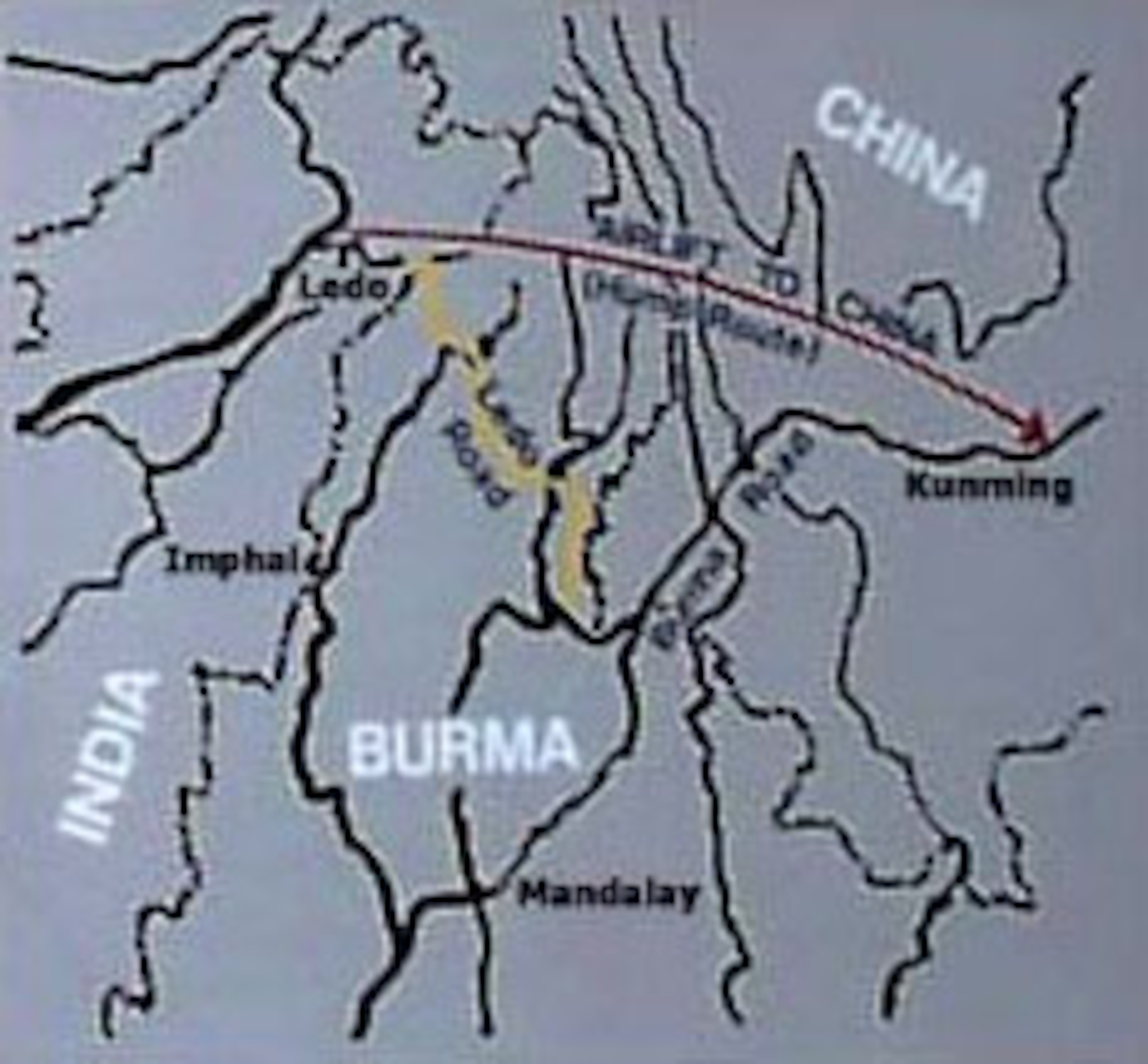 Map of China, Burma and India.