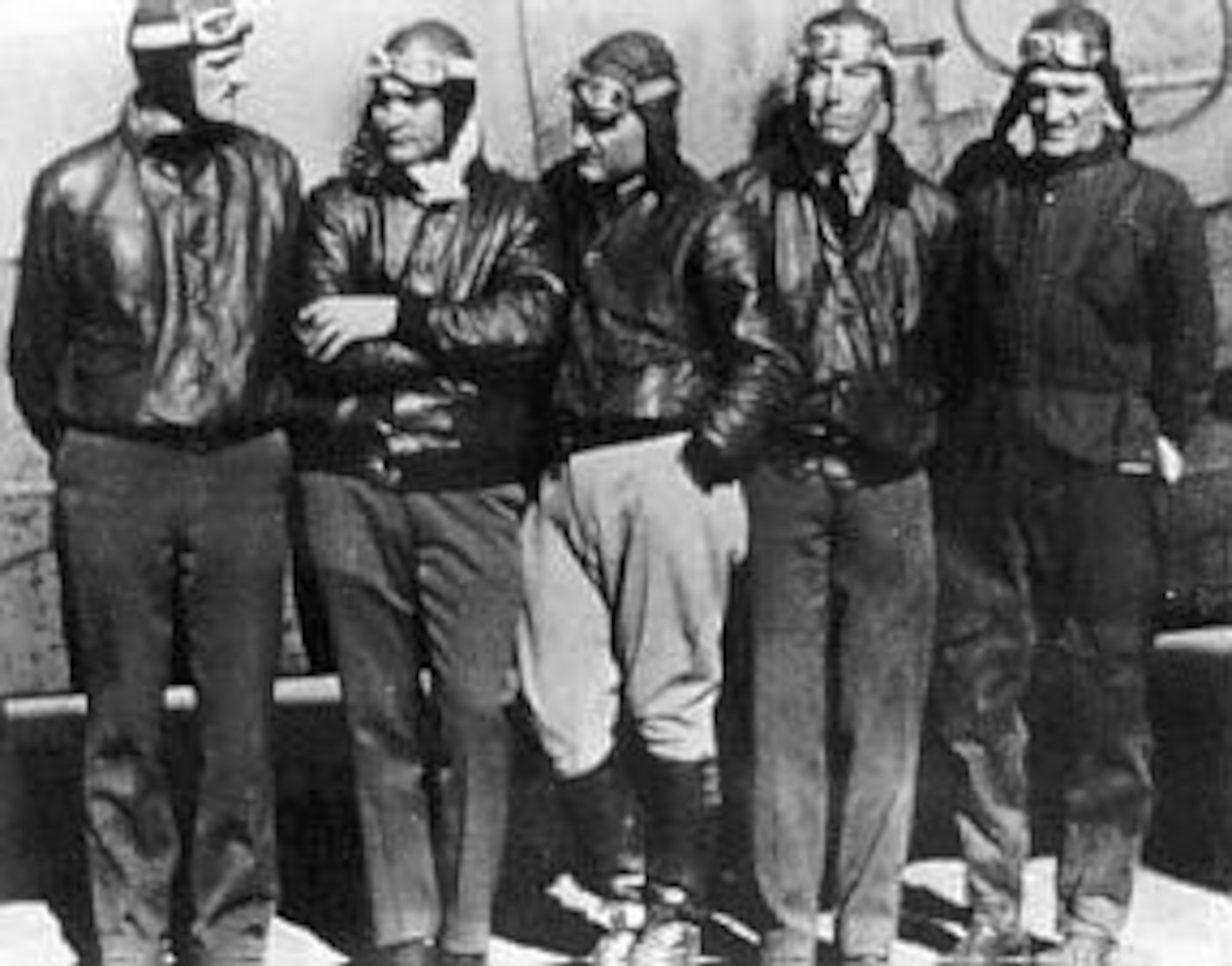 The crew of the Question Mark: Maj. Carl Spaatz, Capt. Ira Eaker, Lt. H.A. Halverson, Lt. E.R. Quesada and Sgt. R.W. Hooe. (U.S. Air Force photo)