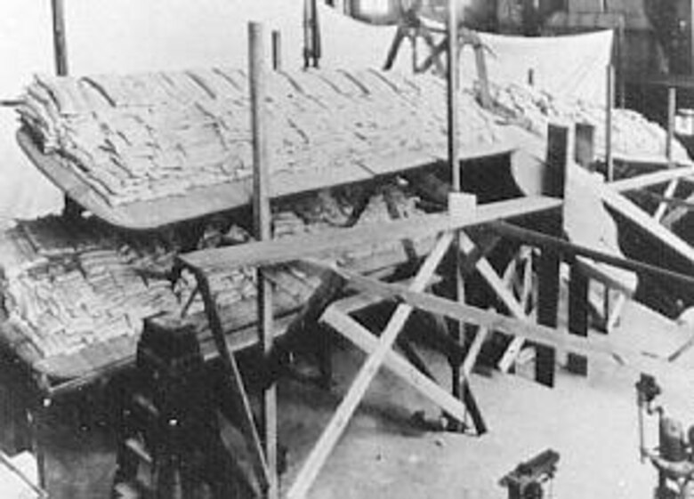 A LUSAC-11 wing undergoes sandbag tests at McCook Field to determine its structural strength. (U.S. Air Force photo)