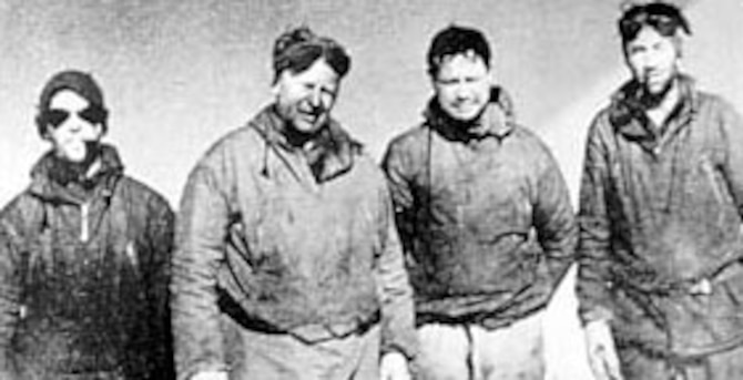 The PN9E rescue party (Col. Balchen is second from left) that had to walk to the coastline of Greenland because their weight was too much for the Catalina to lift in taking off from its ice and snow landing strip. (U.S. Air Force photo)