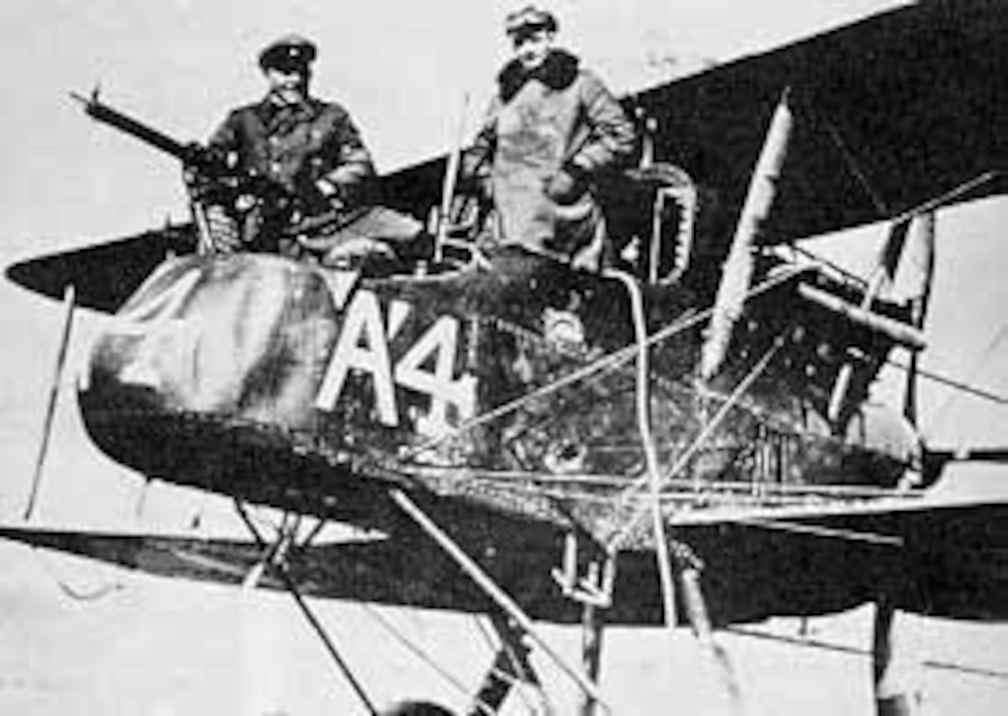 British two-seater pusher with swivel machine gun in front for use by the observer. This airplane was shot down and captured by the Germans. The victorious German pilot, Lt. Heinrich Dontermann, is standing in the rear cockpit. (U.S. Air Force photo)