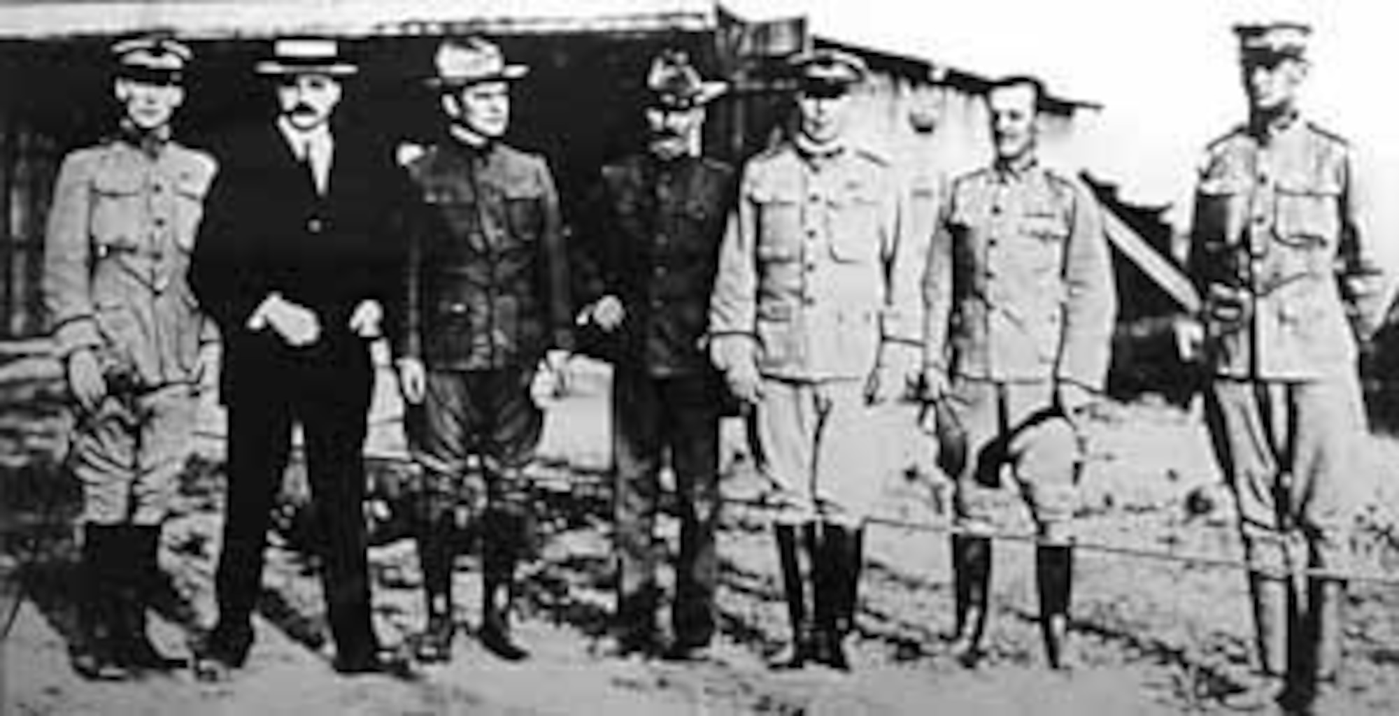 The Aeronautical Board, which conducted the official tests of the 1909 Flyer. From left to right are Lt. Frank Lahm, Lt. George Sweet, Maj. Charles Saltzman, Maj. George Squier, Capt. Charles Chandler, Lt. Benjamin Foulois and Lt. Frederick Humphreys. (U.S. Air Force photo)