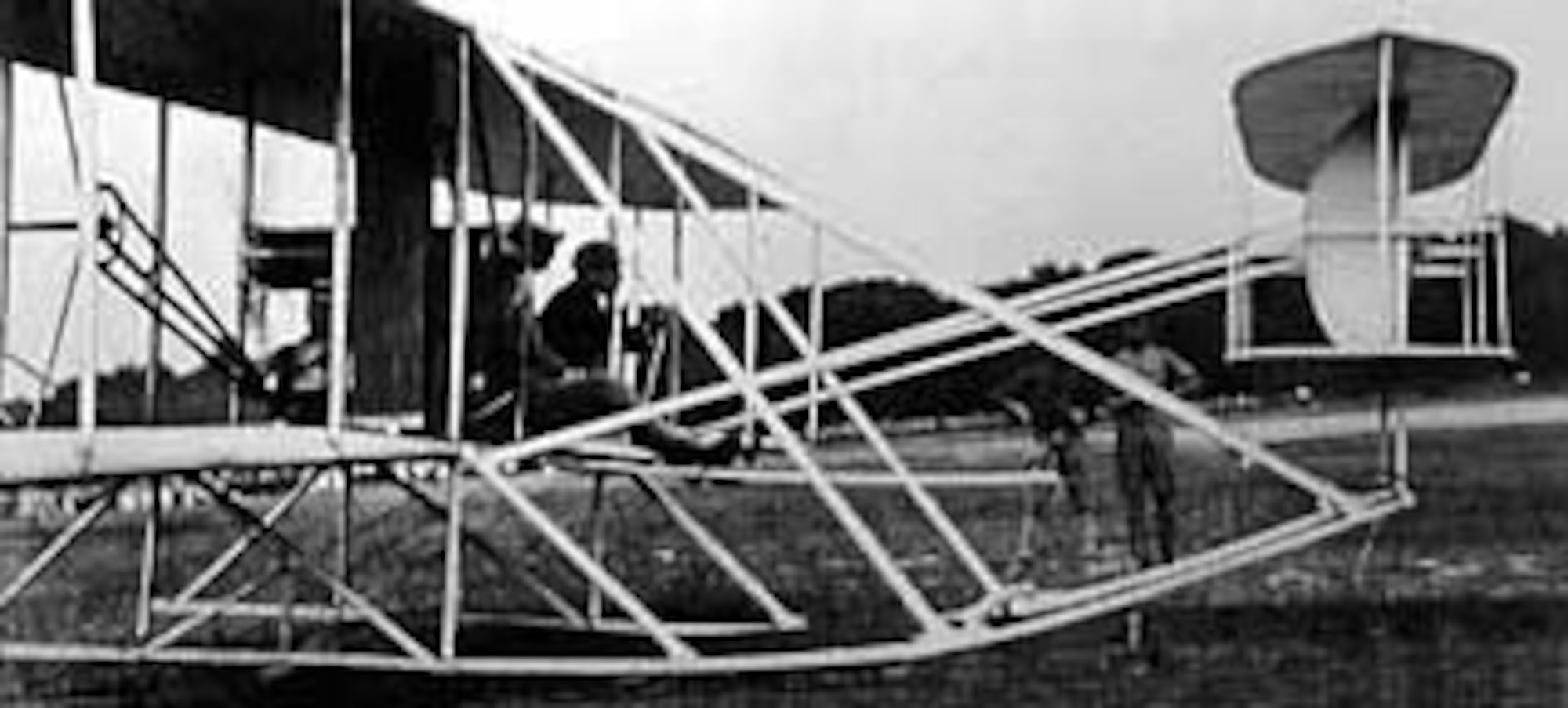 Lt. Frank Lahm and Orville Wright ready for takeoff on the first official flight of the 1909 flyer. (U.S. Air Force photo)