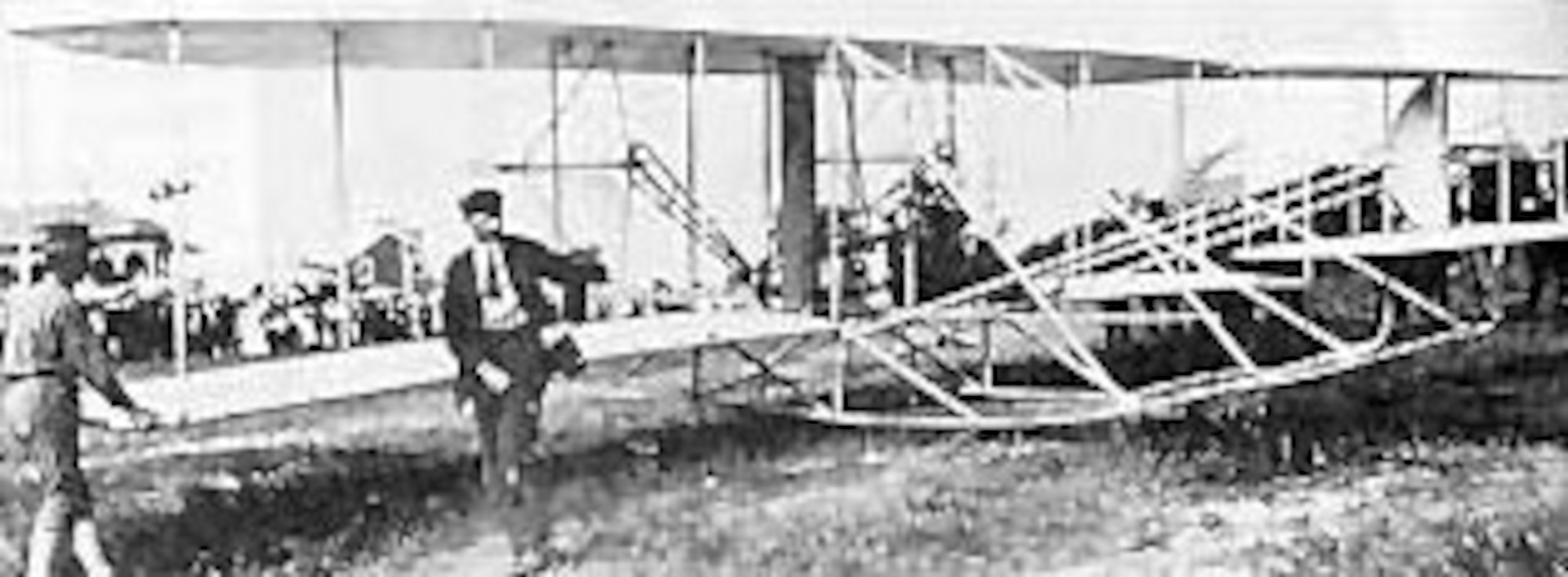 Orville Wright prepares to take-off in the 1908 Flyer with Maj. George O. Squier as passenger, Sept. 12, 1908. (U.S. Air Force photo)