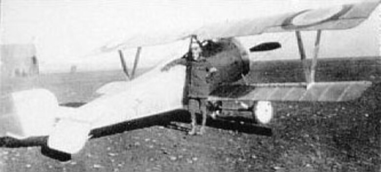 Maj. Ralph Royce, C.O. of the 1st Aero Squadron, the first Air Service unit to arrive in France, with his personal airplane, an obsolete 15 Meter Nieuport. (U.S. Air Force photo)