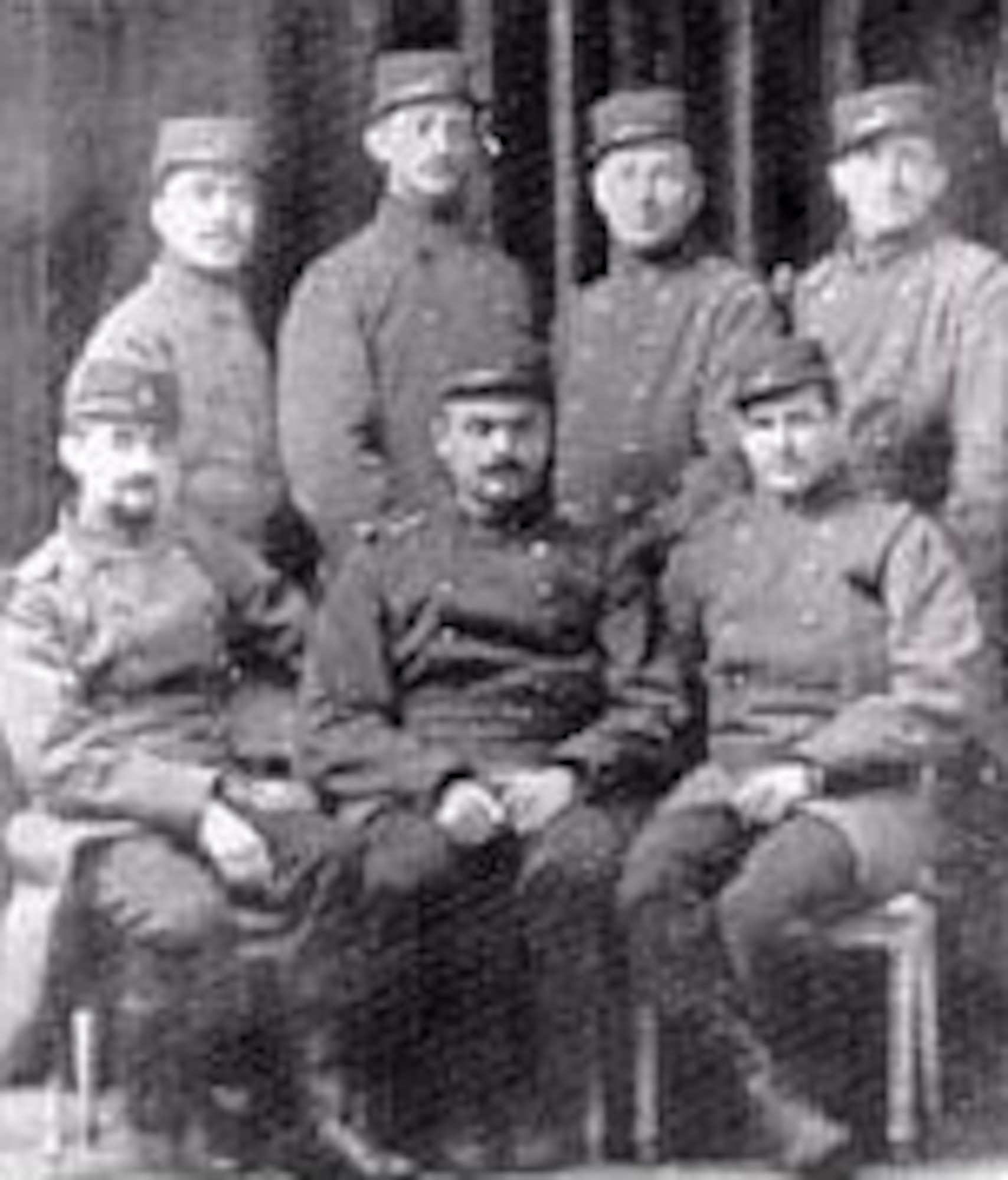 Bill Thaw (front center) and Bert Hall (rear right) were members of the French Foreign Legion, 1914, prior to transferring to the French Aviation Service. (U.S. Air Force photo)