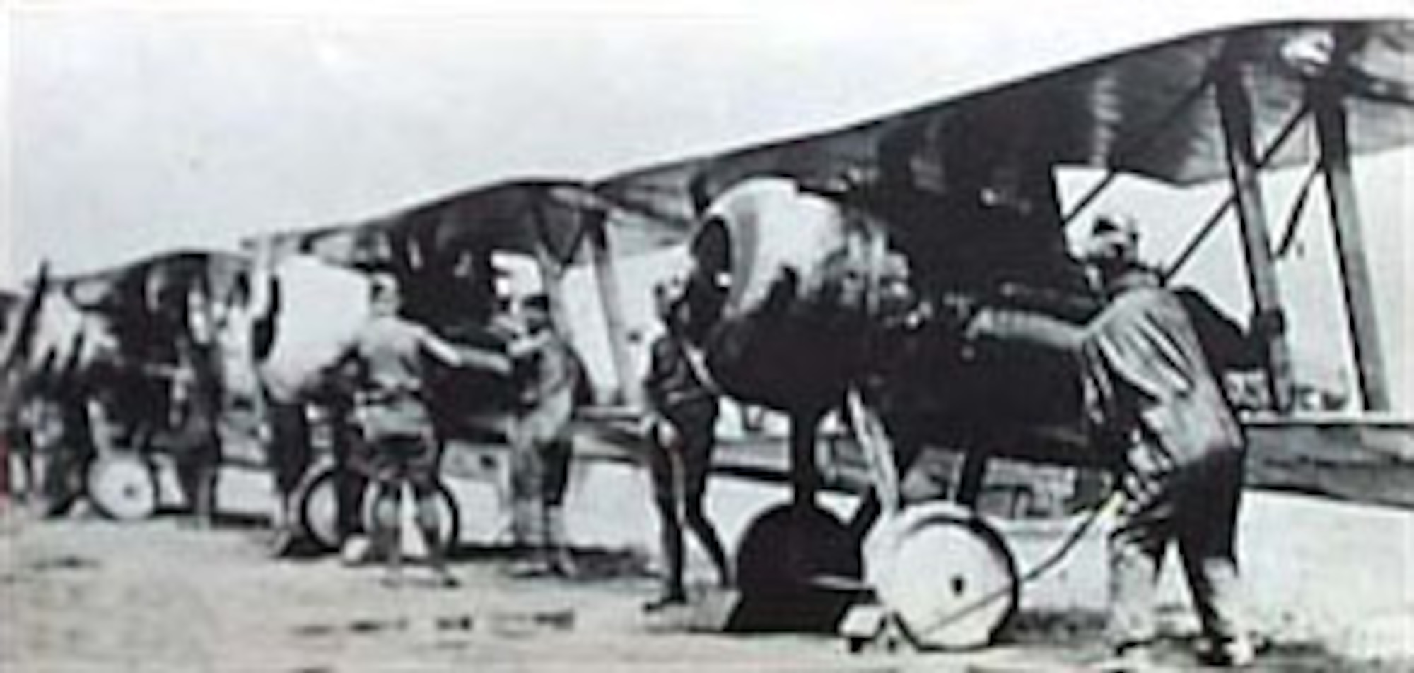 Nieuport 28s of the 95th Aero Squadron prepare to depart on a mission from Toul, France. (U.S. Air Force photo)