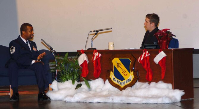 SEYMOUR JOHNSON AIR FORCE BASE, N.C. (AFPN) -- Master Sgt. Troy Harris explains the new 0-0-1-3 drinking program to the audience of Airmen and 1st Lt. Devin Robinson who plays the talk show host. Sergeant Harris is in the 4th Medical Group (U.S. Air Force photo)