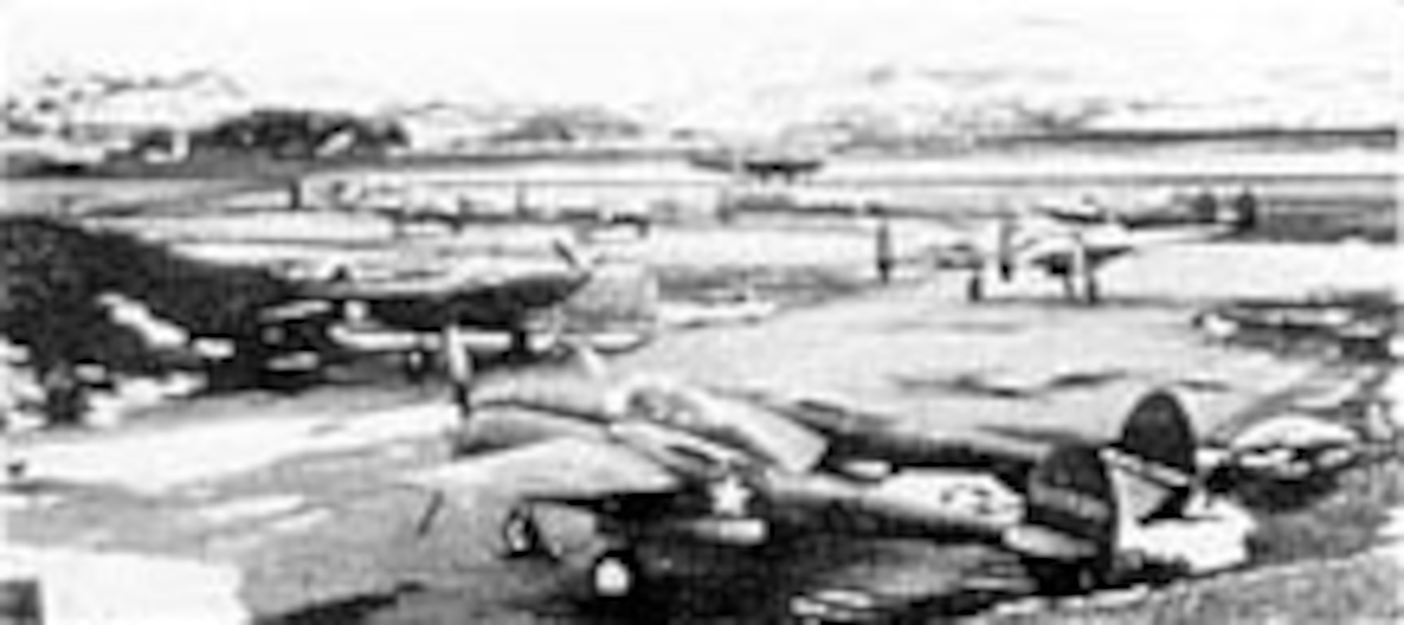 P-38s taxi out for a mission in the Aleutian Islands. The two aircraft in the foreground are F-5As, the photo reconnaissance version of the P-38. (U.S. Air Force photo)