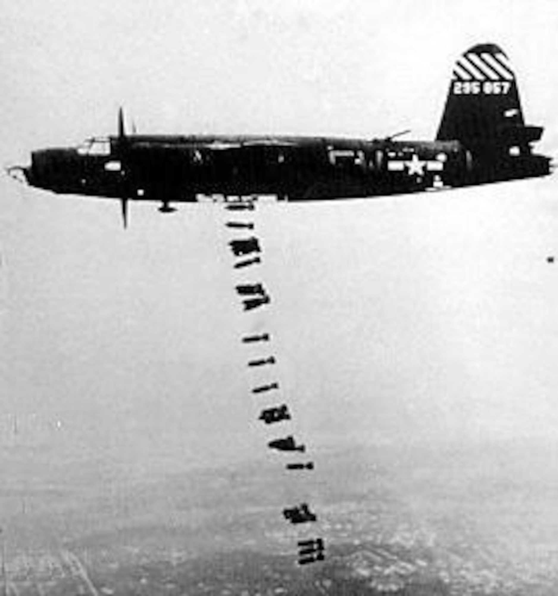 A B-26 drops bombs on a German installation in France. (U.S. Air Force photo)