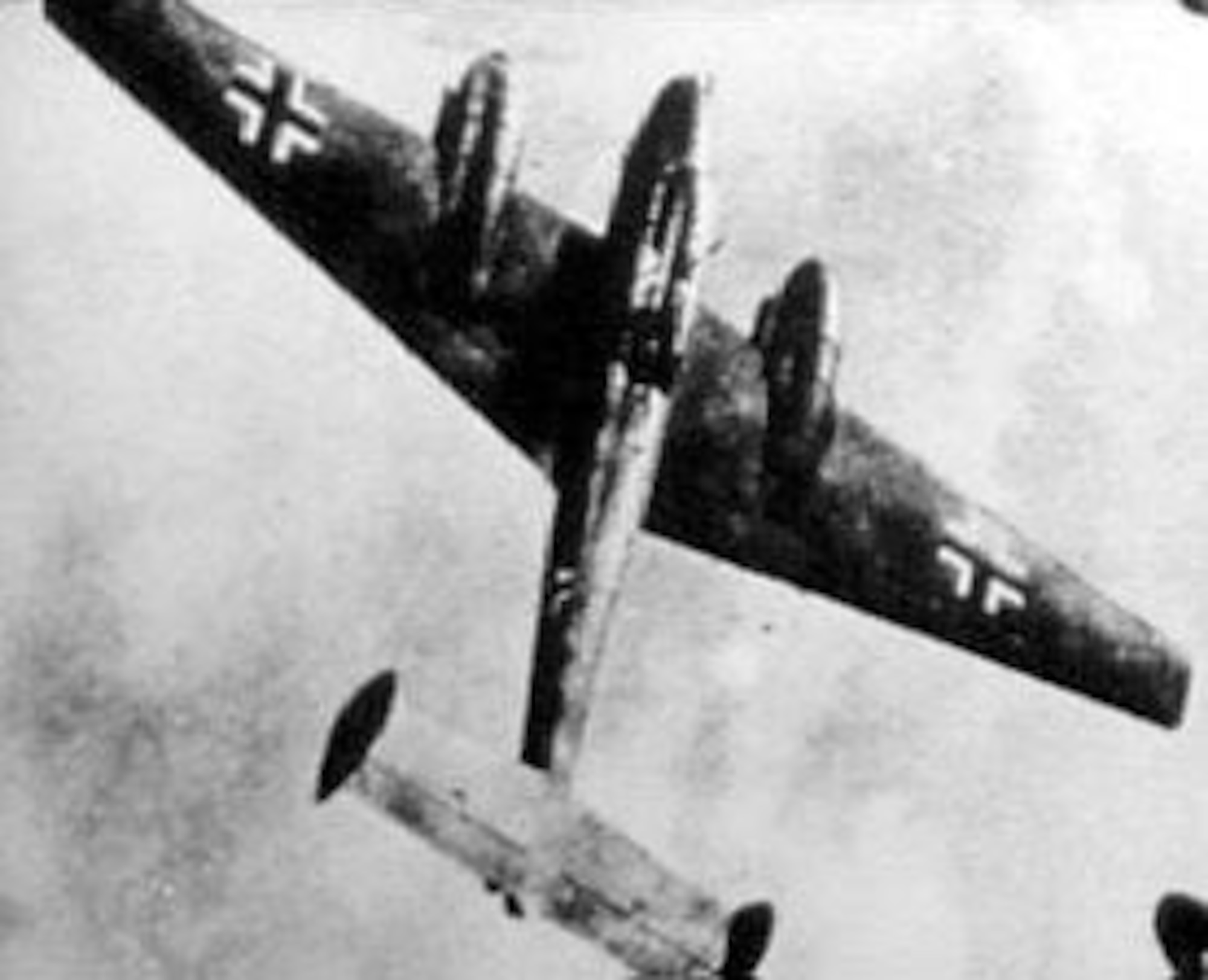 The Luftwaffe also relied upon twin-engine planes such as the Junkers Ju 88 and the Messerschmitt Me 110 (shown here), particularly when AAF bombers flew above the heavy clouds. U.S. Air Force photograph.
