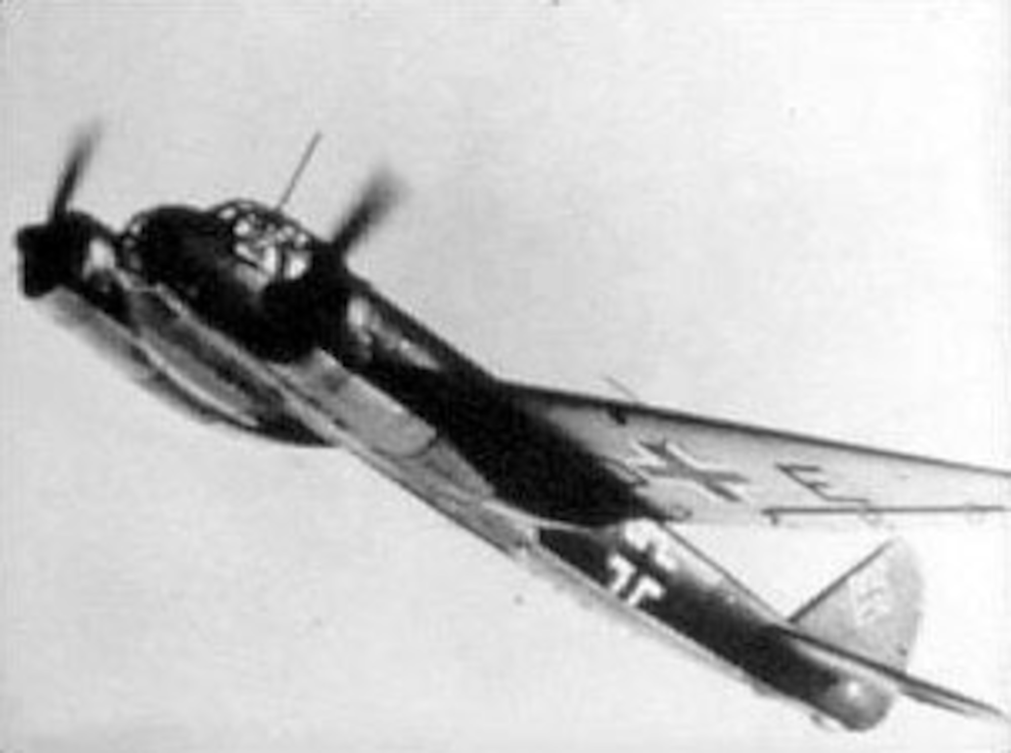 The Luftwaffe also relied upon twin-engine planes such as the Junkers Ju 88 (shown here) and the Messerschmitt Me 110, particularly when AAF bombers flew above the heavy clouds. (U.S. Air Force photo)