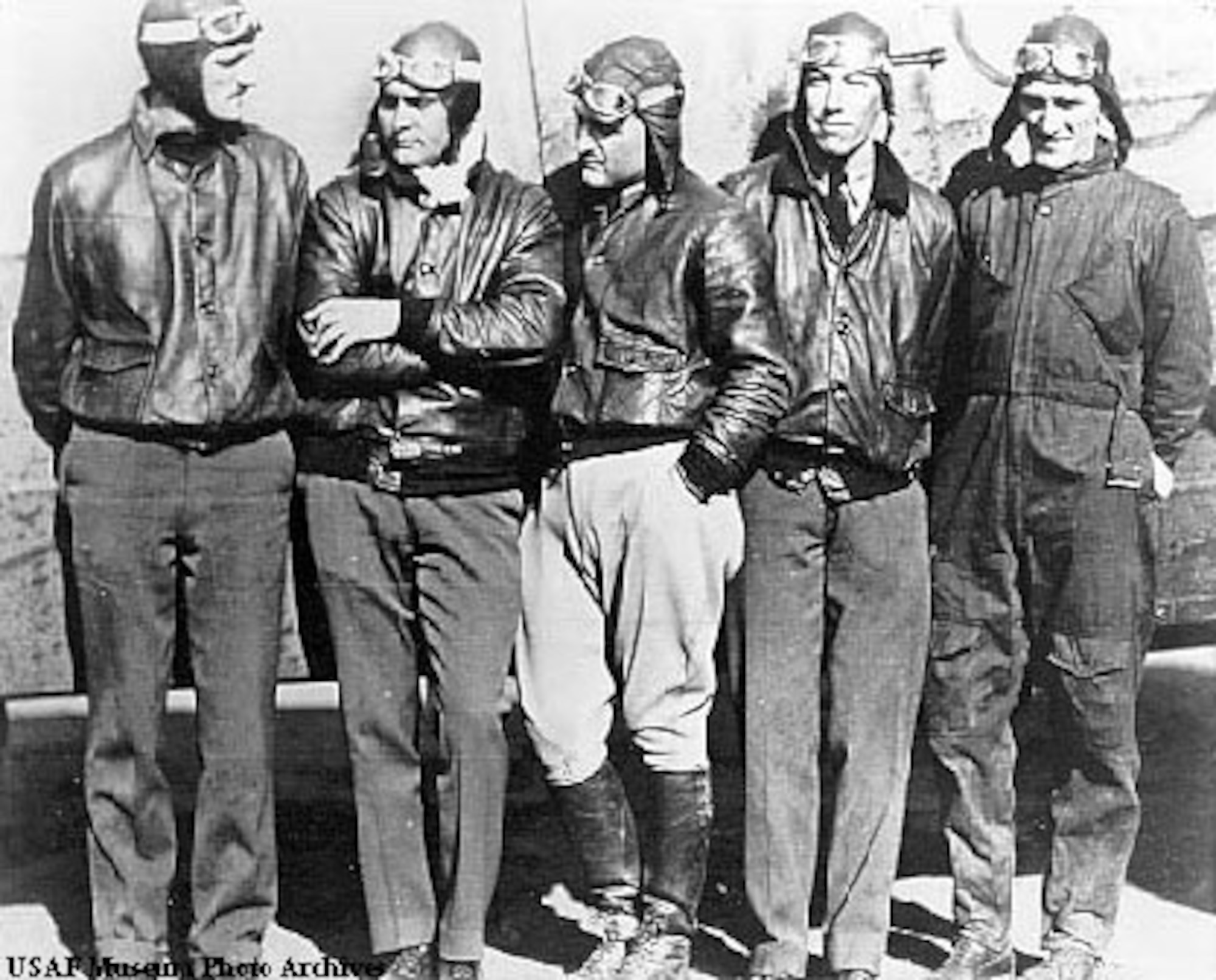 Crew of the "Question Mark." From left to right: Maj. Carl Spaatz, Capt. Ira Eaker, Lt. H.A. Halverson, Lt. E.R. Quesado and Sgt. R.W. Hooe. (U.S. Air Force photo)