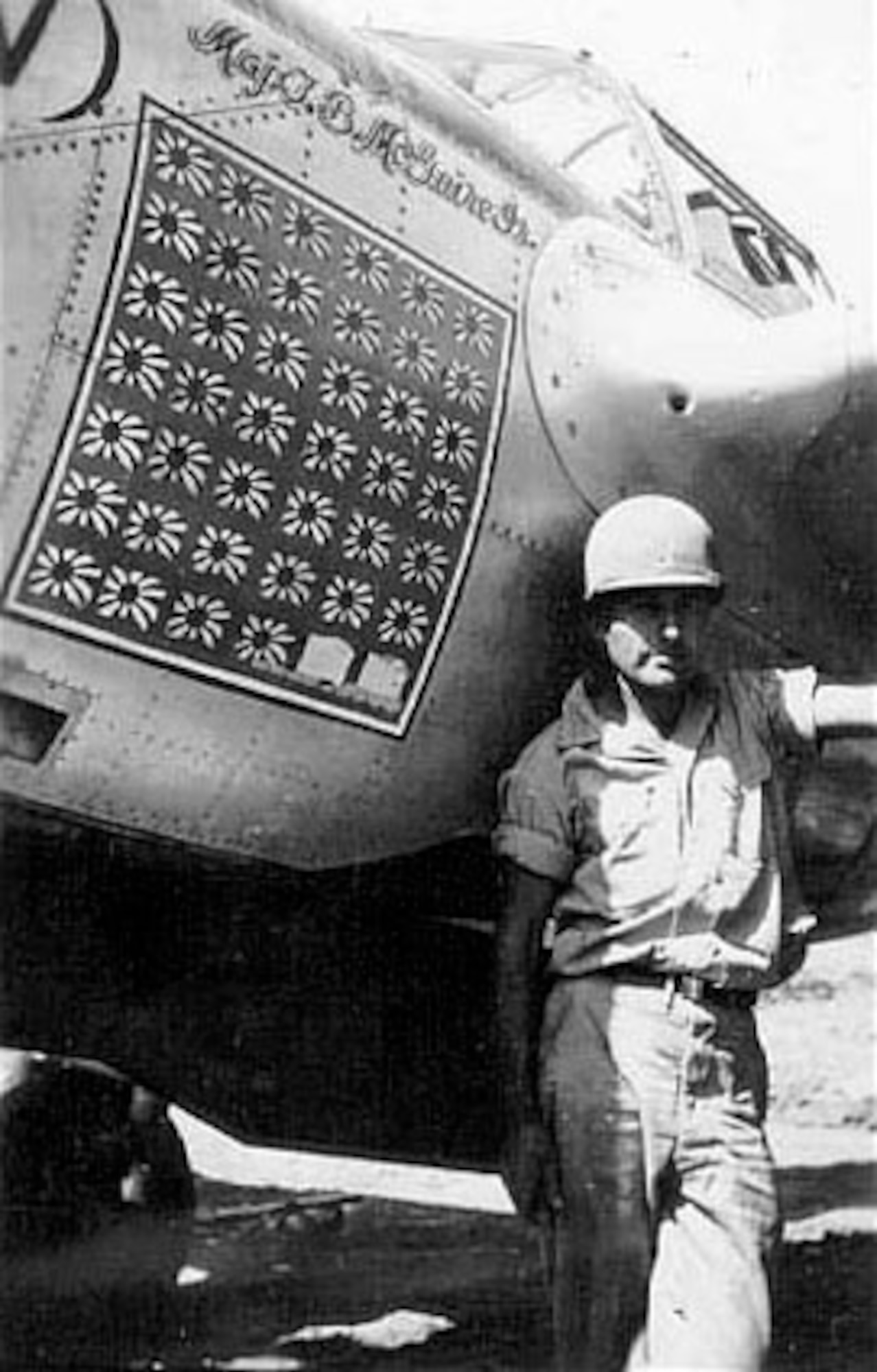 Detail of Pudgy (V). Note there are 40 victory flags although Maj. Thomas B. McGuire Jr.'s official number of victories was 38. (U.S. Air Force photo)