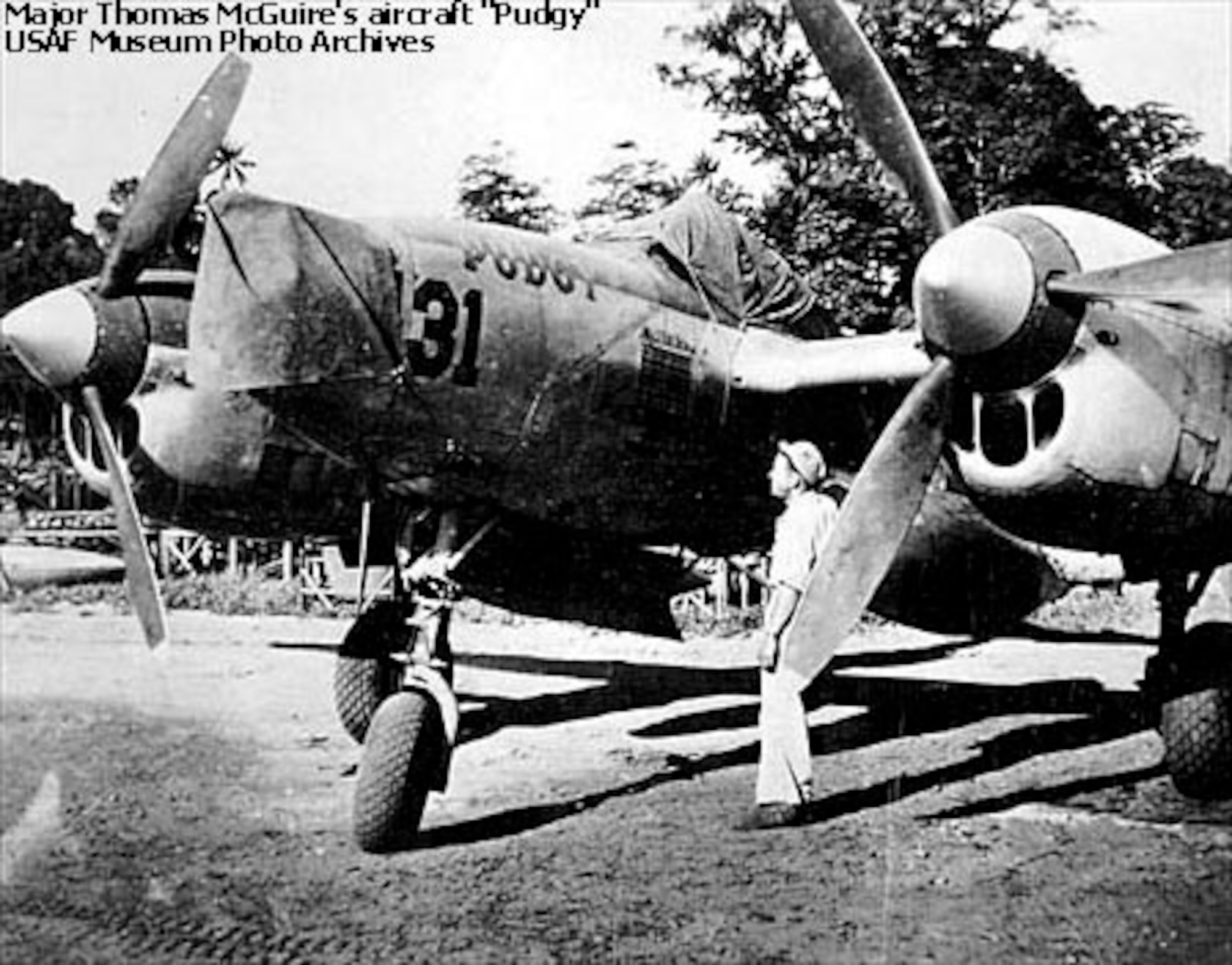 3/4 front view of Pudgy, Maj. Thomas B. McGuire Jr.'s aircraft. (U.S. Air Force photo)