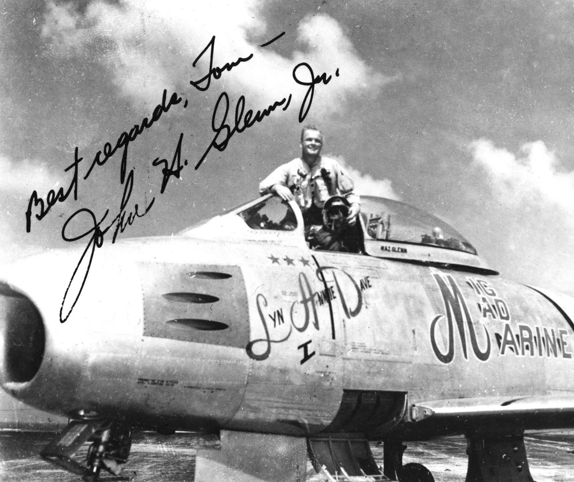 Maj. John Glenn, the "MiG Mad Marine," in his USAF F-86 Sabre during the Korean War. (U.S. Air Force photo)