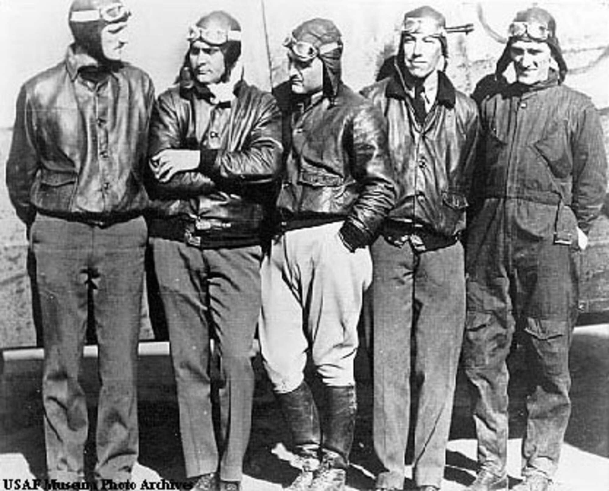 Crew of the "Question Mark." From left to right: Maj. Carl Spaatz, Capt. Ira Eaker, Lt. H.A. Halverson, Lt. E.R. Quesado and Sgt. R.W. Hooe. (U.S. Air Force photo)