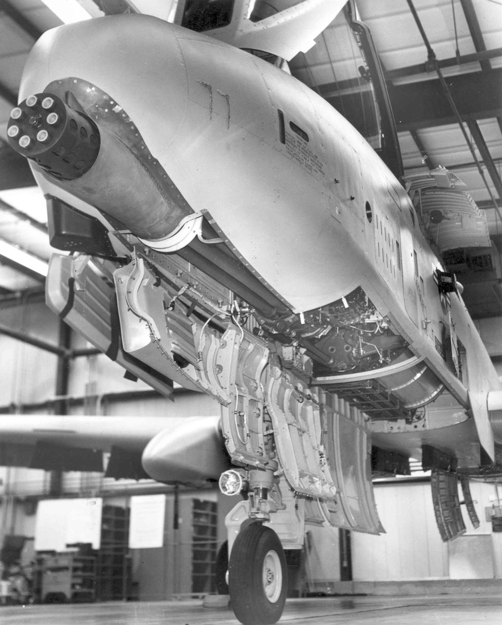 General Electric GAU-8/A installed, with access panels open. (U.S. Air Force photo)