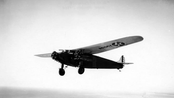 Atlantic-Fokker C-2 "Bird of Paradise" in flight on March 12, 1928, after being repainted with chrome yellow (wings and tail). (U.S. Air Force photo)