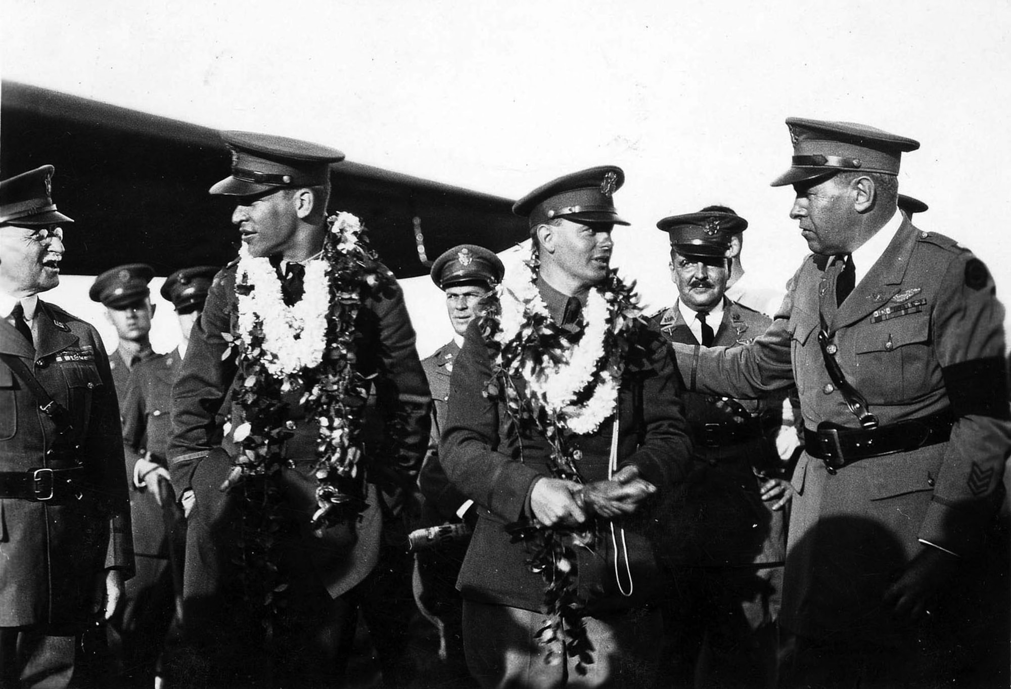 Atlantic-Fokker C-2 "Bird of Paradise" Lts. Maitland and Hegenberger are congratulated after landing at Wheeler Field. (U.S. Air Force photo)