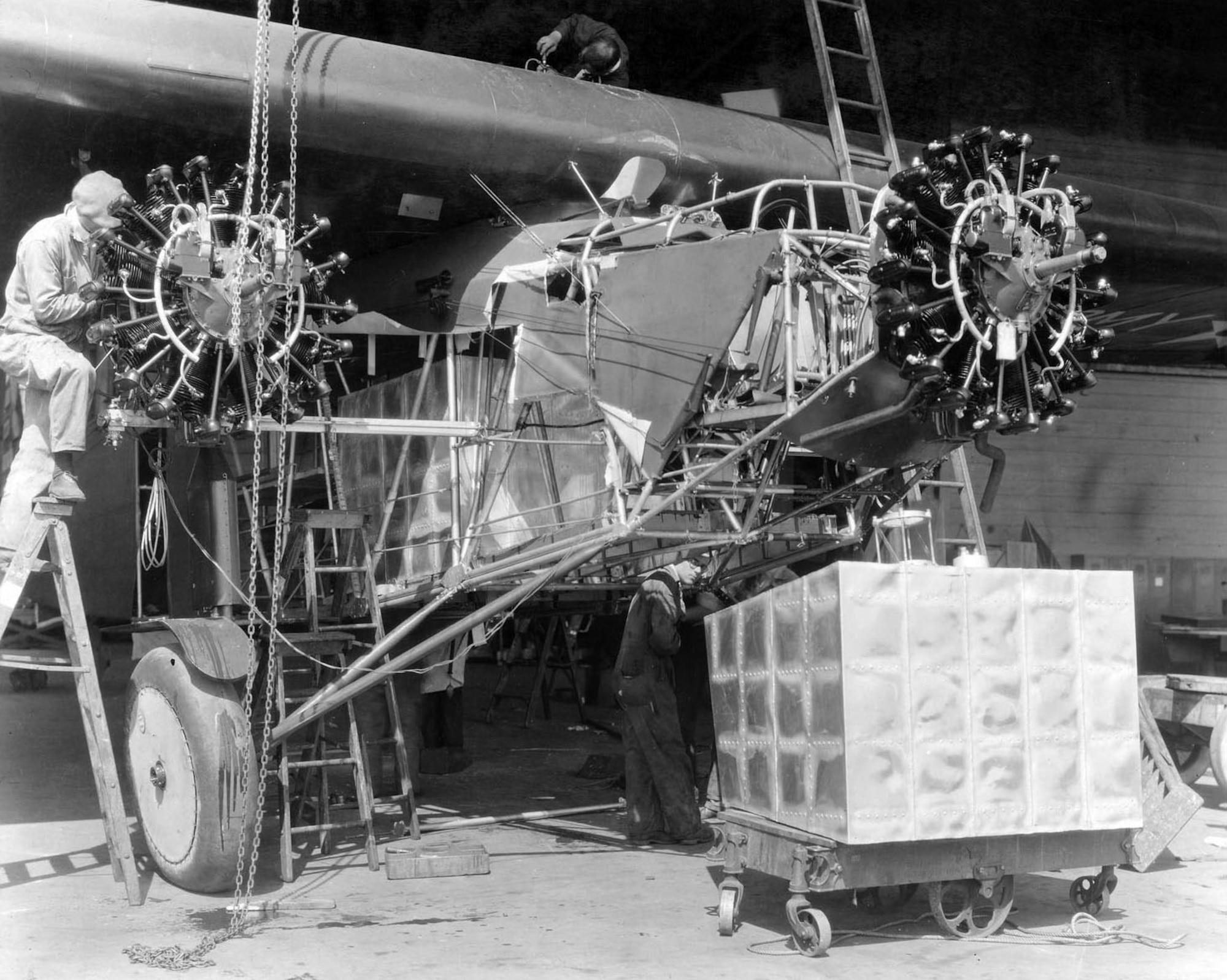 Atlantic-Fokker C-2 "Bird of Paradise" during modification. Rear auxiliary installed, front auxiliary tank ready for installation. (U.S. Air Force photo)