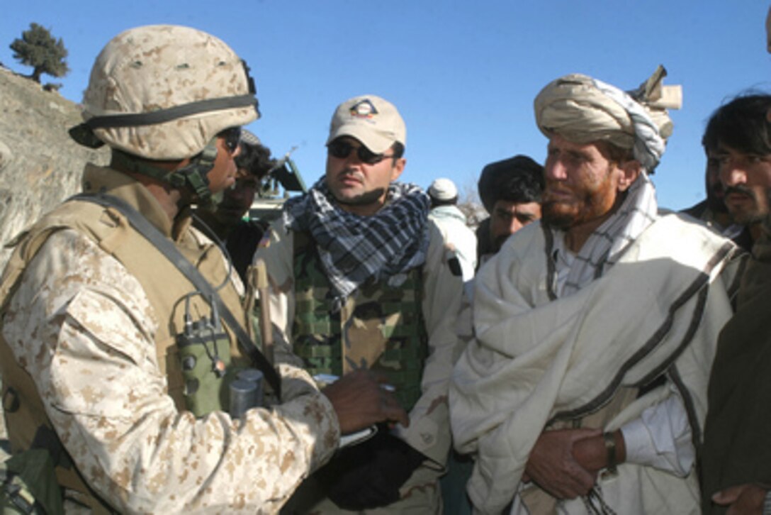 U.S. Marine 1st Lt. Nick Ramseur talks to local citizens of a village in the Khowst Province of Afghanistan during a security operation on Jan. 31, 2005. The operation also consisted of a supply distribution to villages lacking in medical equipment and food, and a Mosque assessment for the potential restoration of important religious buildings that are deteriorating. Ramseur is assigned as a platoon commander with Weapons Company, 3rd Battalion, 3rd Marine Regiment. 