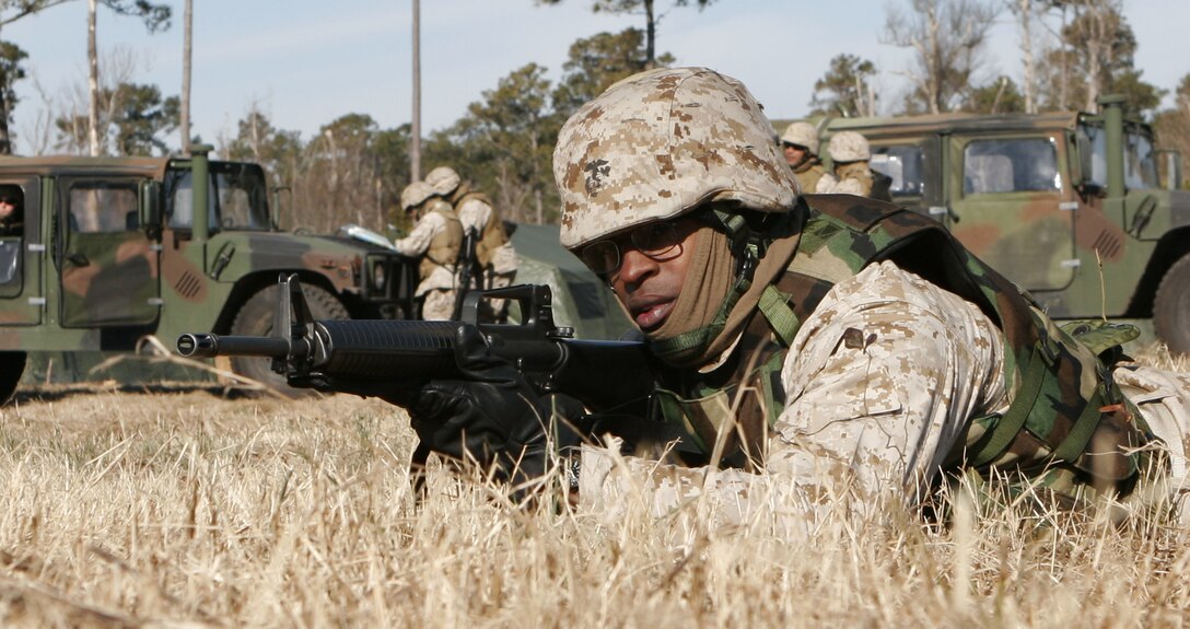 Sgt. Windell Clark, field wireman, 5th Civil Affairs Group, provides security during convoy operations training at Landing Zone Quail Feb. 2. The CAG was conducting training in preparation for deployment in support of Operation Iraqi Freedom.