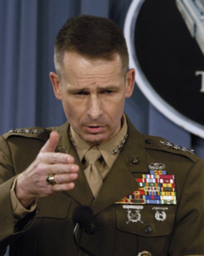Vice Chairman of the Joint Chiefs of Staff Gen. Peter Pace, U.S. Marine Corps, responds to a reporter's question during a Pentagon press briefing on Feb. 3, 2005. 