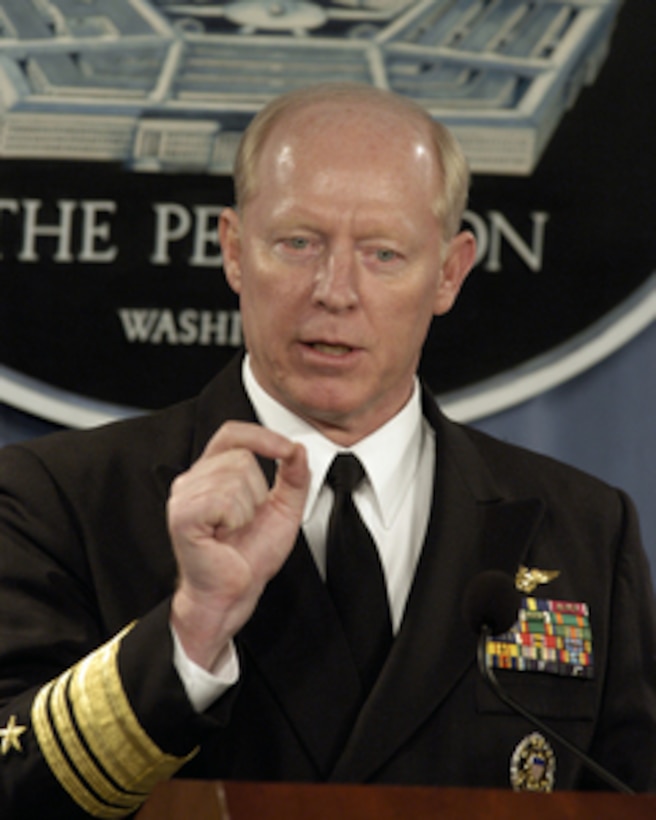 Navy Vice Adm. Robert F. Willard briefs reporters in the Pentagon on the Department of Defense Fiscal Year 2006 budget submission on Feb. 7, 2005. The $419.3 billion defense budget request reflects Secretary of Defense Donald H. Rumsfeld's four basic priorities of defeating global terrorism, restructuring the armed forces and global defense structure, developing and fielding advanced war fighting capabilities, and taking care of U.S. forces. Willard is the director, Force Structure, Resources and Assessment, J8 for the Joint Staff. 