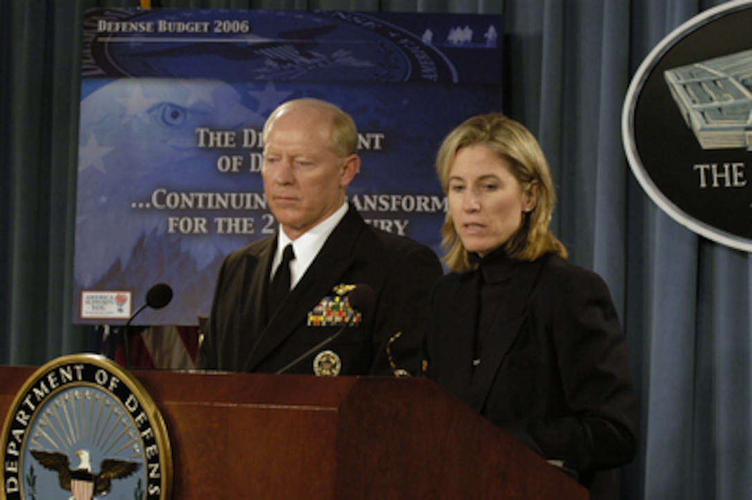 Under Secretary of Defense (Comptroller) Tina W. Jonas (right) and Navy Vice Adm. Robert F. Willard brief reporters in the Pentagon on the Department of Defense Fiscal Year 2006 budget submission on Feb. 7, 2005. The $419.3 billion defense budget request reflects Secretary of Defense Donald H. Rumsfeld's four basic priorities of defeating global terrorism, restructuring the armed forces and global defense structure, developing and fielding advanced war fighting capabilities, and taking care of U.S. forces. 