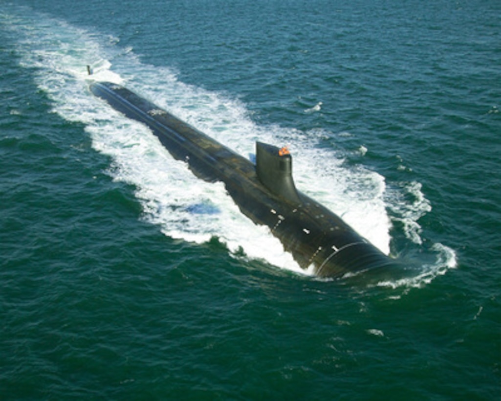 The nuclear-powered attack submarine Jimmy Carter (SSN 23) begins its sea trials off the coast of Groton, Conn., on Feb. 3, 2005. The Jimmy Carter is the third and final submarine of the Seawolf-class. 