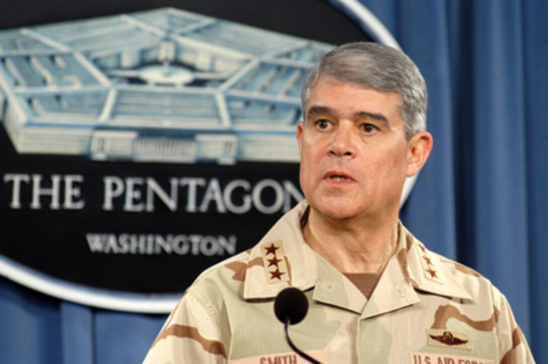 Deputy Commander U.S. Central Command Lt. Gen. Lance Smith, U.S. Air Force, briefs reporters in the Pentagon on Feb. 9, 2005. Smith was able to provide insight into some of the recent developments within Central Command's area of responsibility commenting on topics ranging from the Iraqi elections to the recent crash of a British C-130 aircraft in Iraq. 