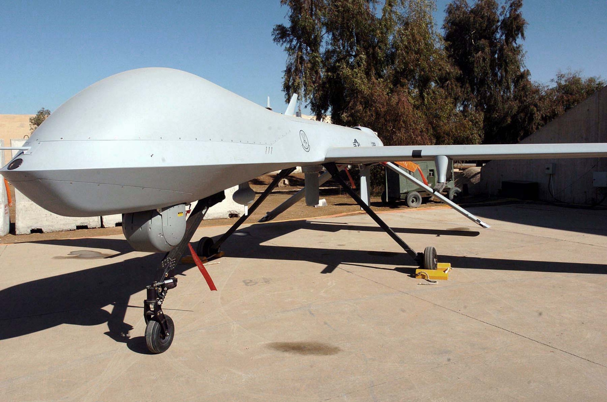 BALAD AIR BASE, Iraq -- The RQ/MQ-1 Predator unmanned aerial vehicle is a lightweight, low horsepower aircraft capable of flying more than 20 hours of intelligence, reconnaissance and surveillance missions, helping protect ground troops in Iraq.  (U.S. Army photo by Spc. Leah R. Burton)
