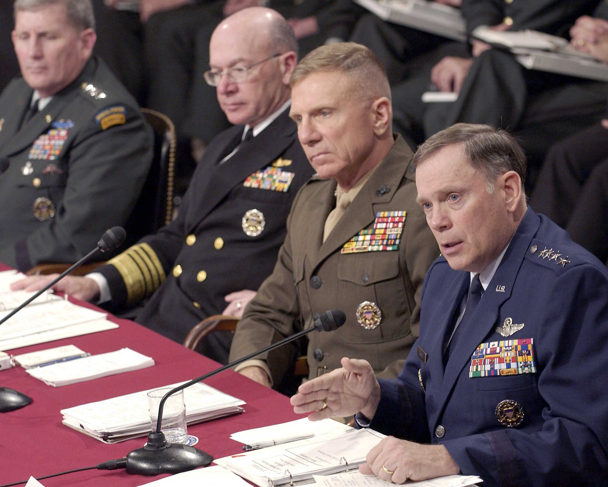WASHINGTON -- Service chiefs answer questions during a hearing of the Senate Committee on Armed Services here Feb. 10.  They are (from left) Army Chief of Staff Gen. Peter J. Schoomaker, Chief of Naval Operations Adm. Vernon E. Clark, Marine Corps Commandant Gen. Michael W. Hagee and Air Force Chief of Staff, Gen. John P. Jumper.  The committee heard testimony on the fiscal 2006 defense authorization request.  (U.S. Air Force photo by Master Sgt. Jim Varhegyi)