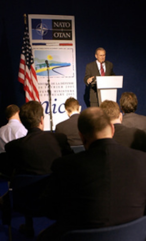 Secretary of Defense Donald H. Rumsfeld holds a press conference following the NATO Defense Ministerial Conference in Nice, France, on Feb. 10, 2005. Rumsfeld is in Nice to attend the conference with his NATO counterparts. The alliance defense ministers met to take stock of NATO's transformation and review its operations. 