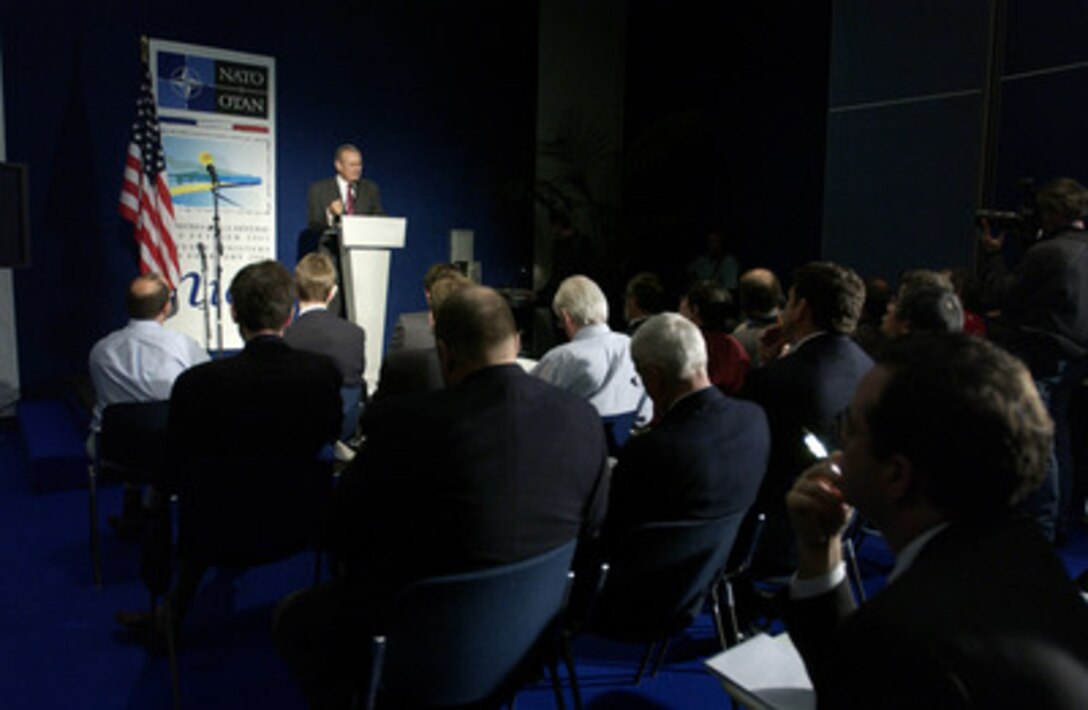 Secretary of Defense Donald H. Rumsfeld holds a press conference following the NATO Defense Ministerial Conference in Nice, France, on Feb. 10, 2005. Rumsfeld is in Nice to attend the conference with his NATO counterparts. The alliance defense ministers met to take stock of NATO's transformation and review its operations. 