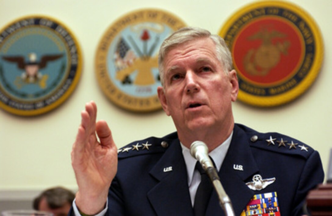 Chairman of the Joint Chiefs of Staff Gen. Richard B. Myers, U.S. Air Force, answers a representative's question during a House Armed Services Committee hearing in the Rayburn House Office Building in Washington, D.C., on Feb. 16, 2005. Myers joined Secretary of Defense Donald H. Rumsfeld and Under Secretary of Defense Comptroller Tina Jonas in testifying before the committee. 
