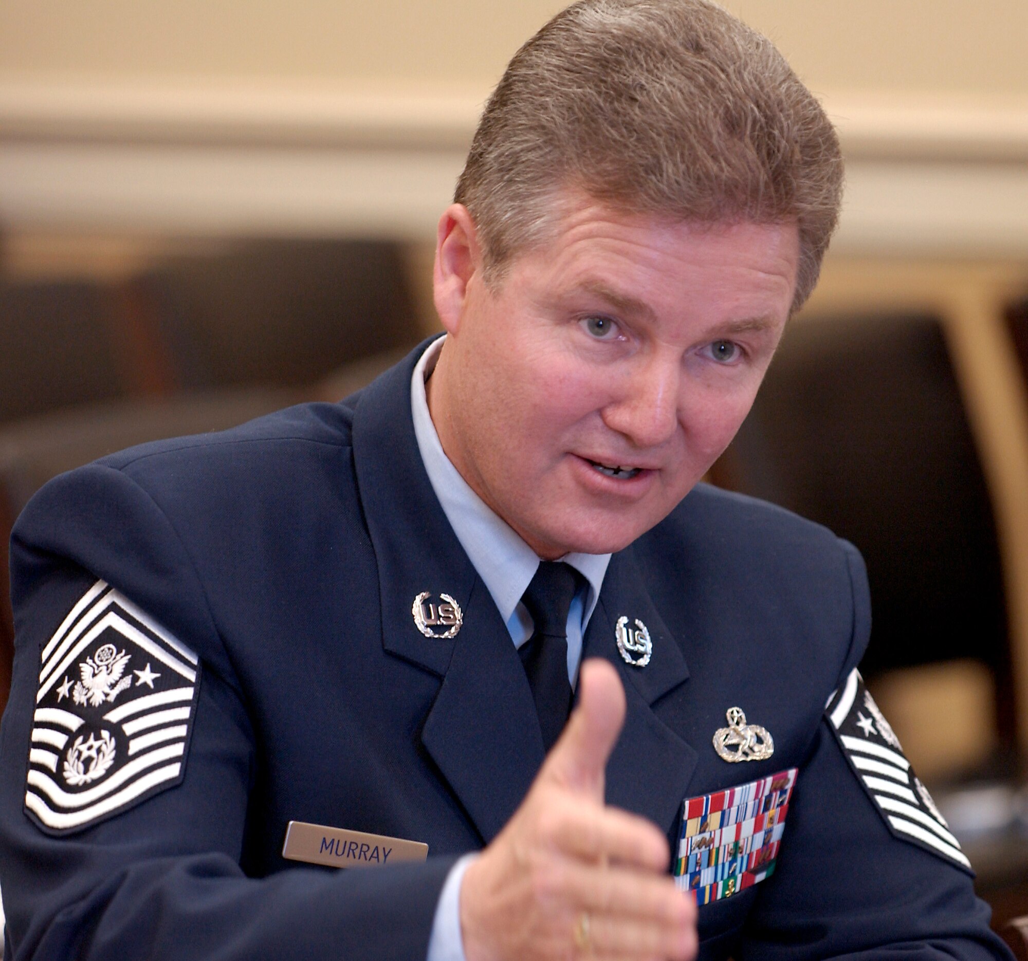 WASHINGTON -- Chief Master Sgt. of the Air Force Gerald R. Murray answers questions during the first hearing of the newly formed House Appropriations Committee subcommittee on military quality of life and veterans' affairs here Feb. 16.  The subcommittee heard testimony concerning quality of life issues in the military from each branch's senior ranking enlisted servicemember.  (U.S. Air Force photo by Master Sgt. Jim Varhegyi)
