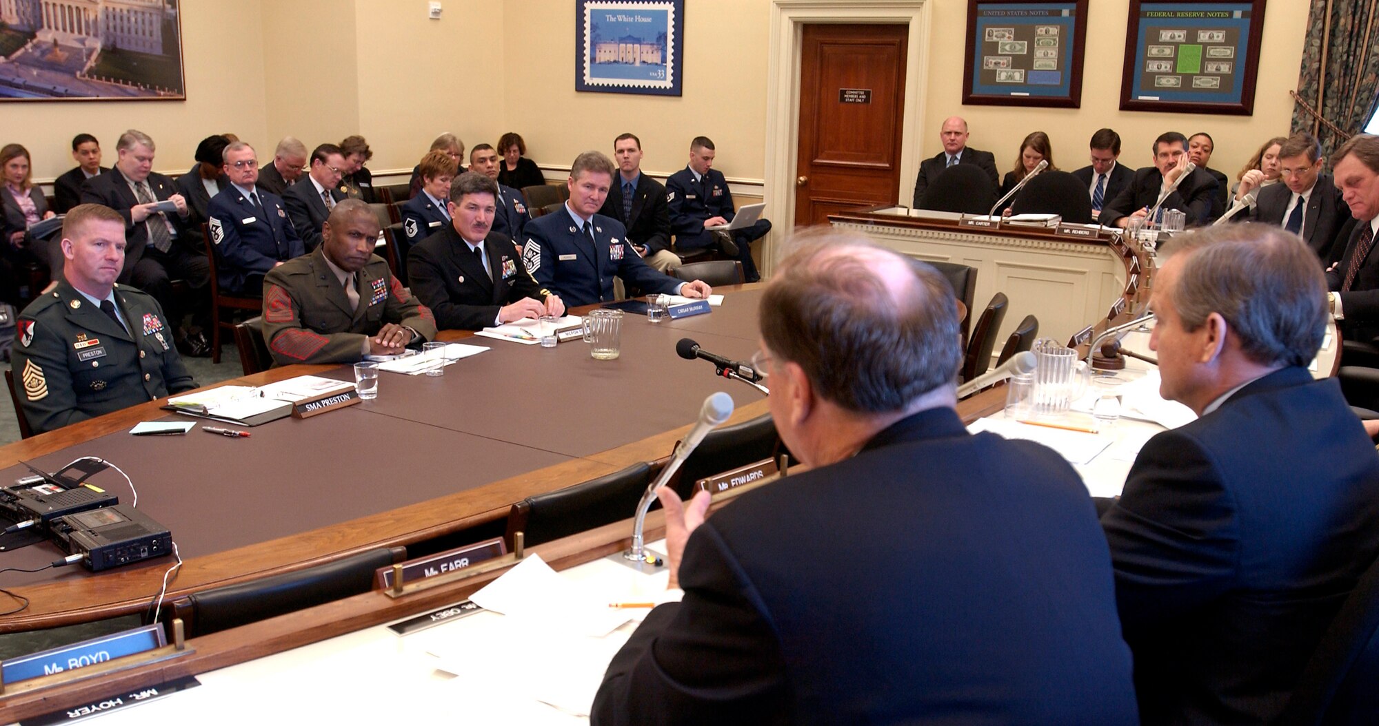 WASHINGTON -- Each military branch's senior ranking enlisted servicemember testified before the newly formed House Appropriations Committee subcommittee on military quality of life and veterans' affairs here Feb. 16.  They are (from left) Sgt. Maj. of the Army Kenneth O. Preston, Sgt. Maj. of the Marine Corps John L. Estrada, Master Chief Petty Officer of the Navy Terry D. Scott and Chief Master Sgt. of the Air Force Gerald R. Murray.  (U.S. Air Force photo by Master Sgt. Jim Varhegyi)
