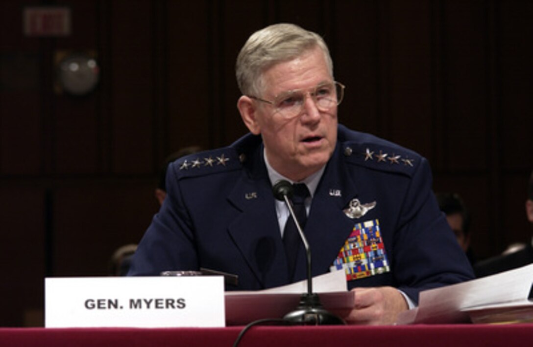 Chairman of the Joint Chiefs of Staff Gen. Richard B. Myers, U.S. Air Force, answers a senator's question during a Senate Armed Services Committee hearing in the Hart Senate Office Building in Washington, D.C., on Feb. 17, 2005. Myers, Secretary of Defense Donald H. Rumsfeld and Under Secretary of Defense Comptroller Tina Jonas are testifying before the committee. 