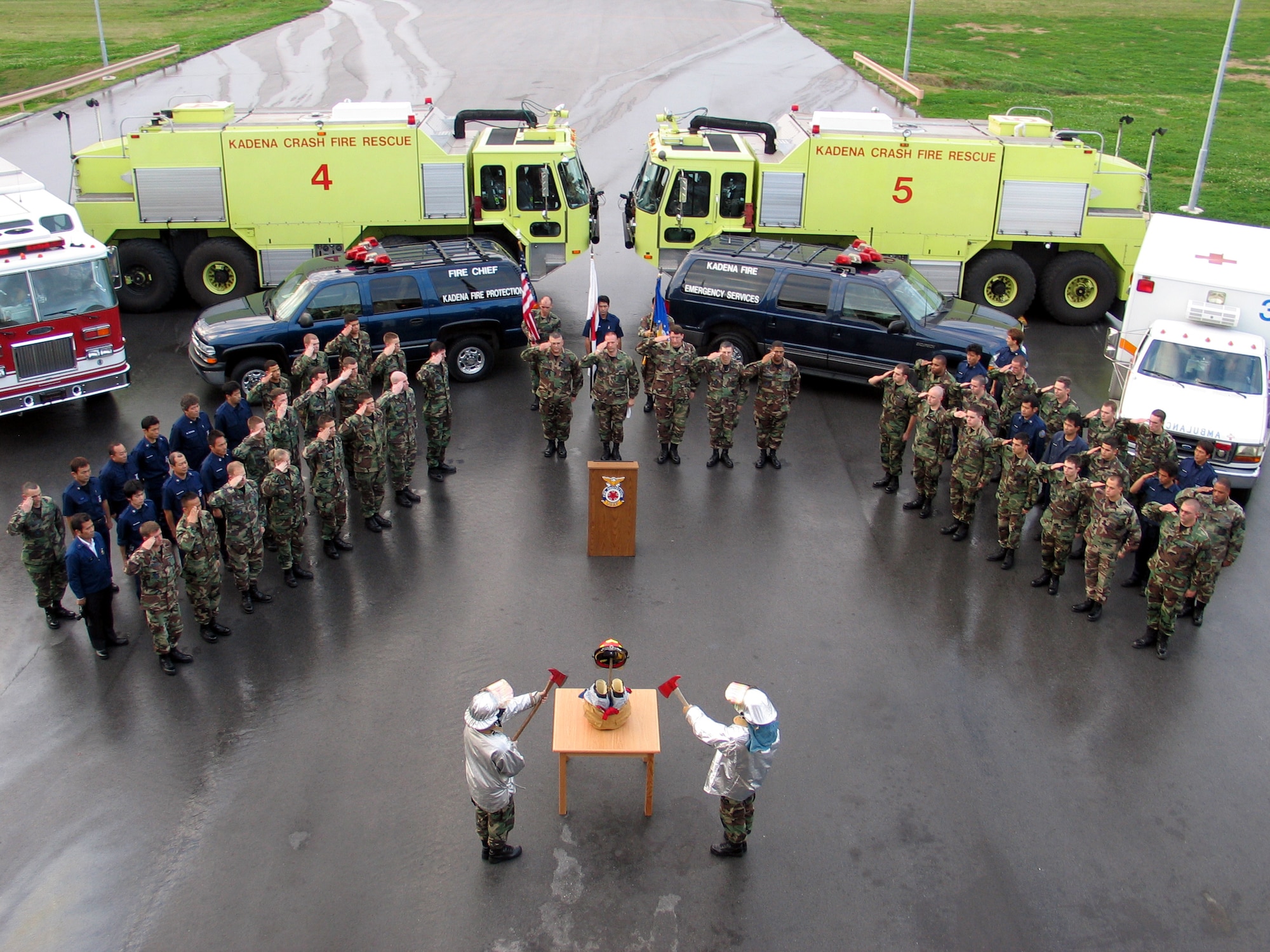 KADENA AIR BASE, Japan -- Firefighters here hold a one-minute "final alarm" ceremony Feb. 16 honoring Staff Sgt. Ray Rangel who died while attempting to rescue two Soldiers after their Humvee overturned in a canal in Iraq.  (Courtesy photo)