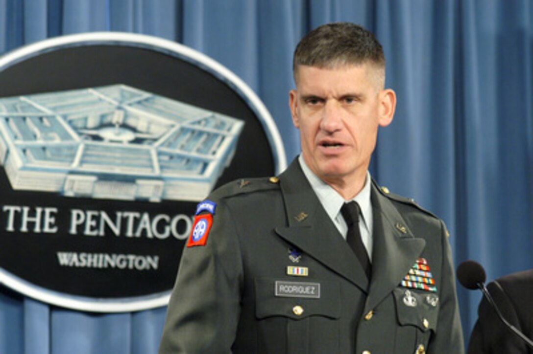 Deputy Director for Regional Operations for the Joint Staff Brig. Gen. David Rodriguez, U.S. Army, responds to a reporter's question during a Pentagon press briefing on the Feb. 22, 2005. Rodriguez and Principal Deputy Assistant Secretary of Defense for Public Affairs Lawrence Di Rita took questions from reporters. 