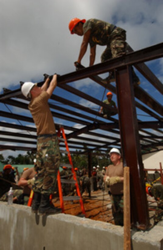 Engineers from the North Dakota Army National Guard's 142nd Engineer Battalion and their counterparts from the Armed Forces of the Philippines erect a metal framework at the San Buenaventura School Project site in Luisiana, Laguna, Republic of the Philippines, on Feb. 21, 2005. The project is part of Balikatan 2005, a yearly exercise to improve humanitarian assistance, disaster relief and to promote interoperability between the Armed Forces of the Philippines and United States military. 